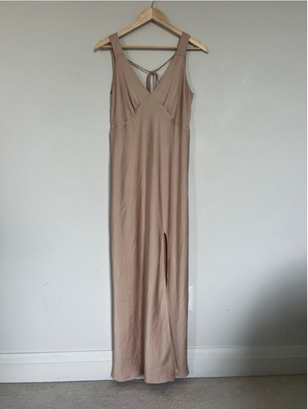 Park & Fifth Champagne Satin Maxi Dress Leg Slit Low Back V Neckline Sleeveless
